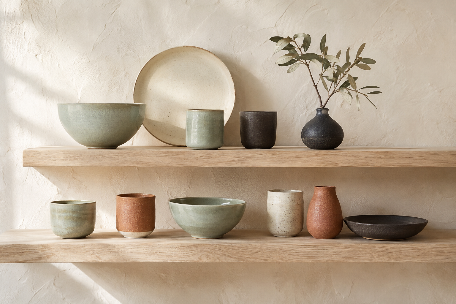 Handmade ceramic vessels displayed on pale oak shelves