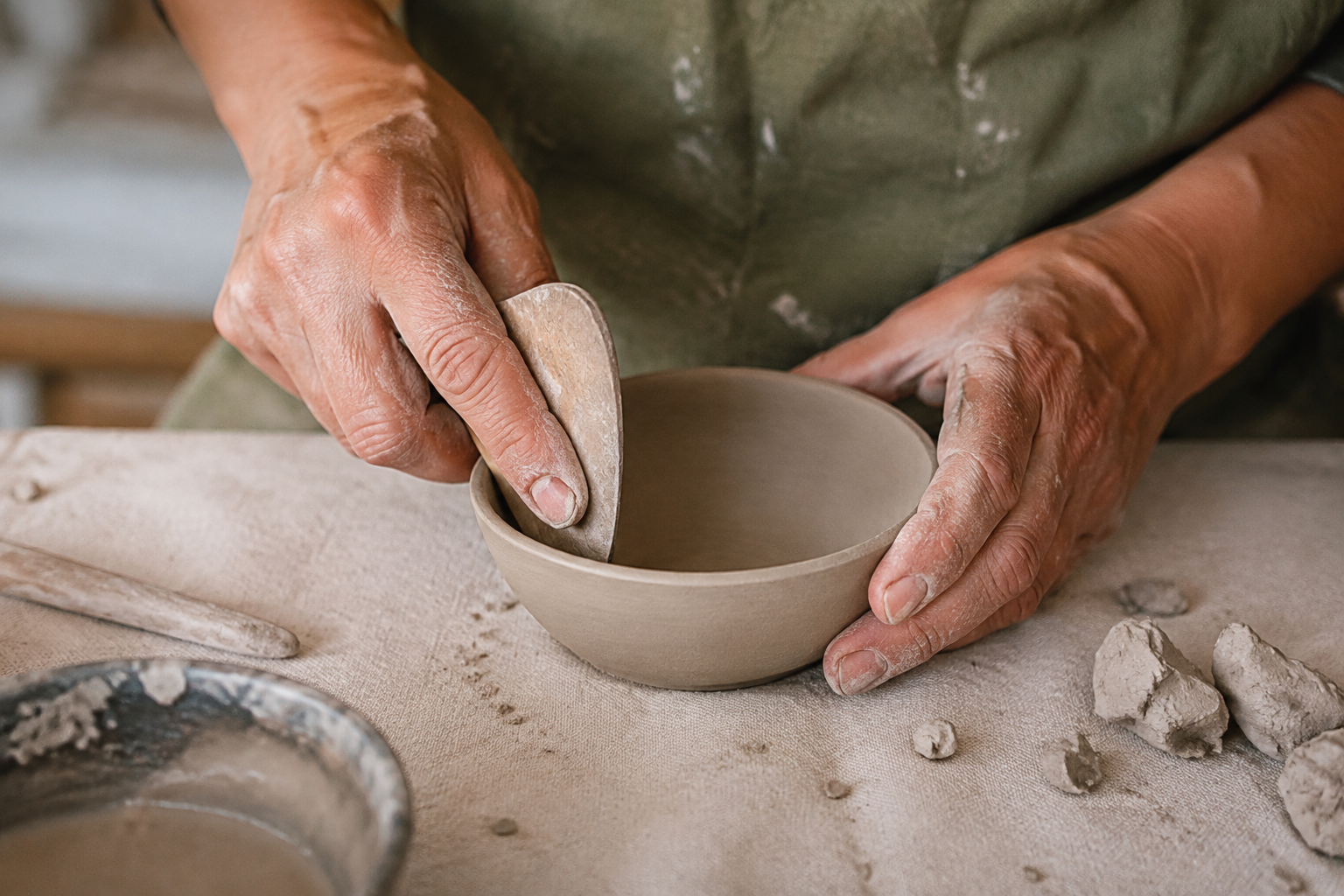 Artisan hands shaping a small clay bowl at a worktable