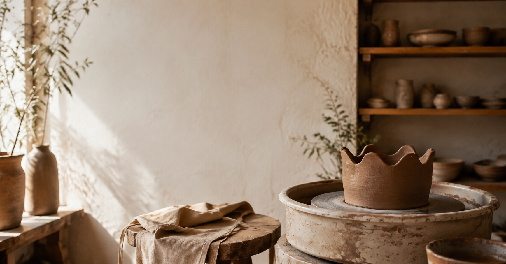 Clay vessel on a pottery wheel in a sunlit studio